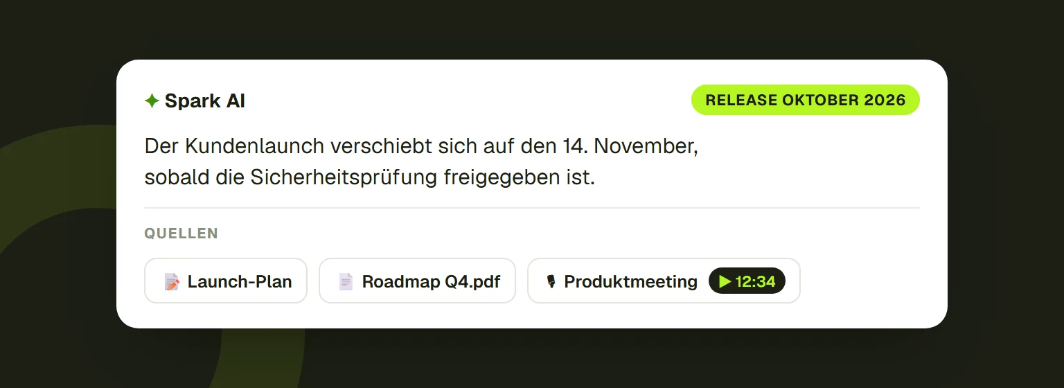 Eine Antwort von Spark AI mit dem Hinweis Release Oktober 2026 und den Quellen darunter: eine Notiz, eine PDF-Datei und die Aufnahme eines Produktmeetings, die bei 12:34 startet.