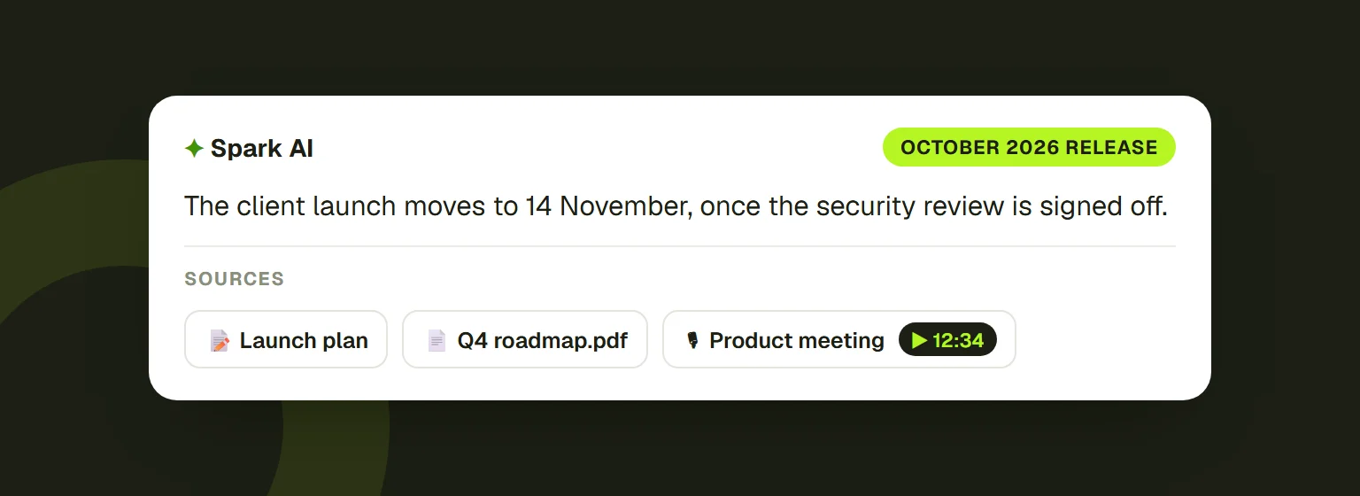 A Spark AI answer tagged October 2026 release, with its sources listed underneath: a note, a PDF file, and a product meeting recording that opens at 12:34.