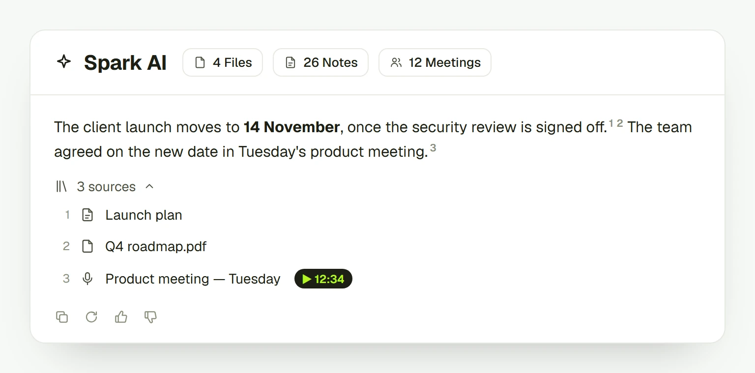 Illustration of Spark AI in 5DAYS: an answer about a launch date, followed by its three sources — a note, a PDF and a product meeting recording that opens at 12:34.