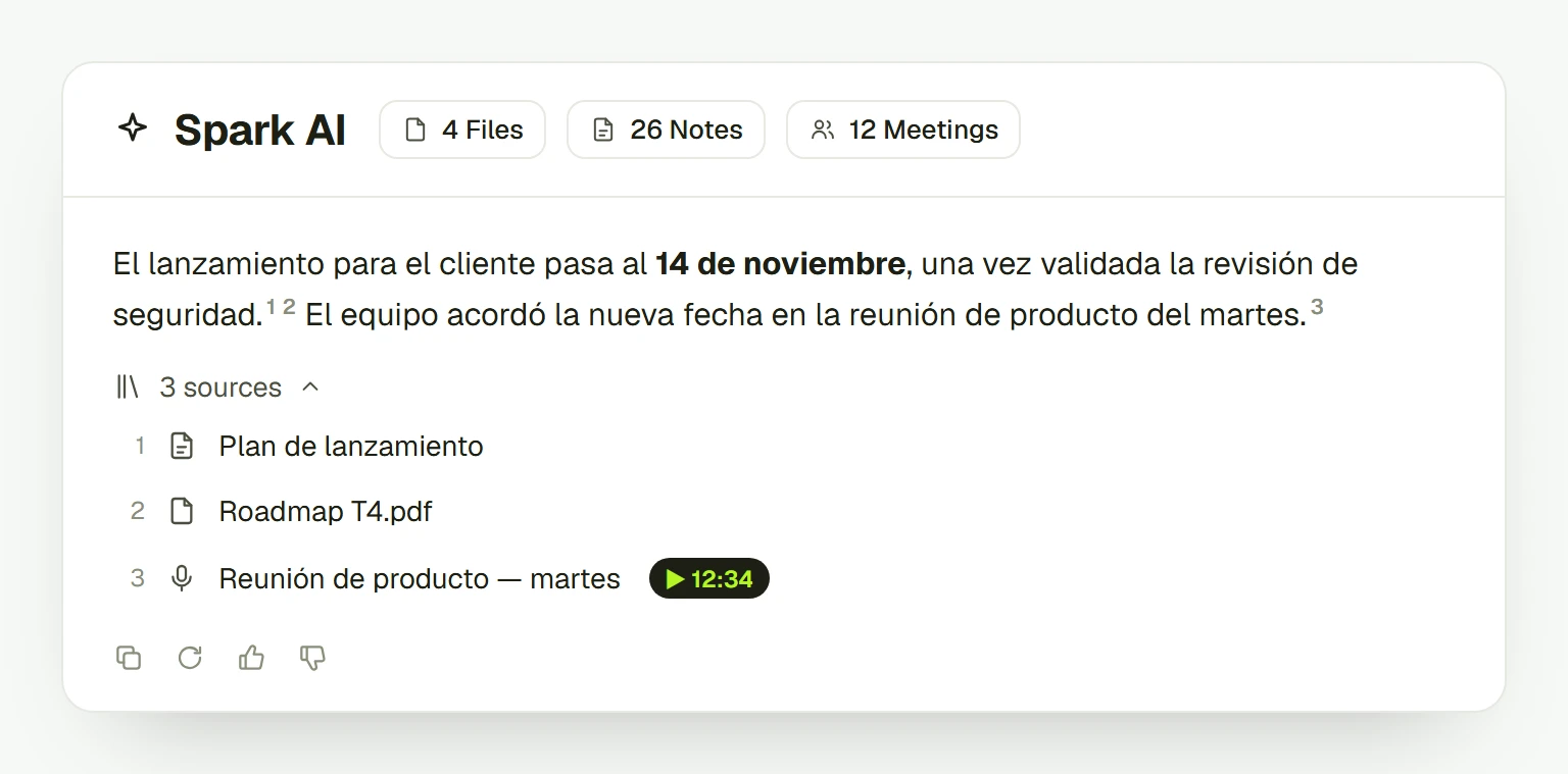 Ilustración de Spark AI en 5DAYS: una respuesta sobre una fecha de lanzamiento, seguida de sus tres fuentes: una nota, un PDF y la grabación de una reunión de producto que se abre en el minuto 12:34.