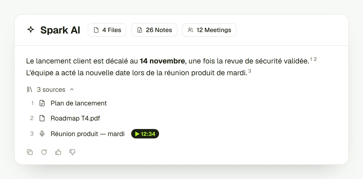 Illustration de Spark AI dans 5DAYS : une réponse sur une date de lancement, suivie de ses trois sources — une note, un PDF et l’enregistrement d’une réunion produit qui s’ouvre à 12:34.